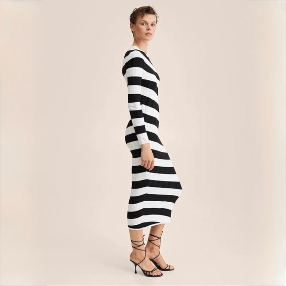 Mango Black White Striped Ribbed Maxi Dress Long Sleeve Bodycon - Picture 12 of 13